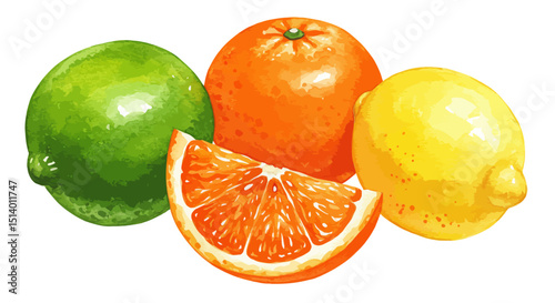 Vibrant Watercolor Citrus Fruits Of Lime Lemon Orange And A Slice Form A Refreshing Vector Still Life Composition With Bright Colors And Juicy Textures