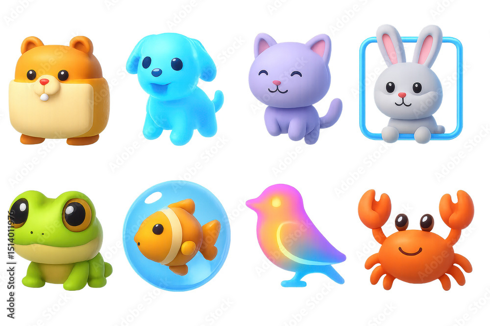 Naklejka premium Virtual pet icons set – 3d, adorable animal and playful character designs