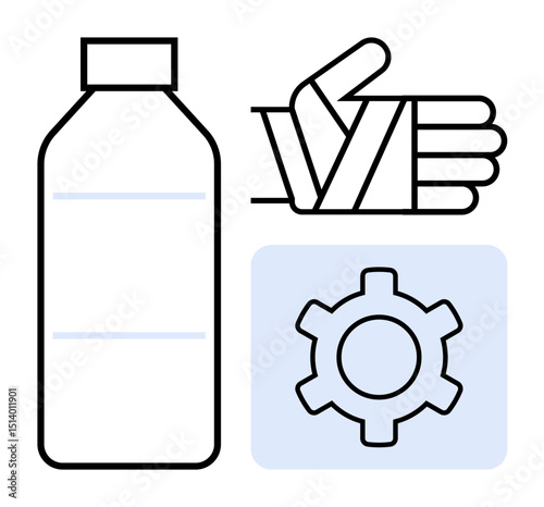 Beverage bottle, bandaged hand, and gear mechanism for safety, fitness, mechanics, healthcare, sports, wellness and engineering. Ideal for health campaigns or a simple landing page