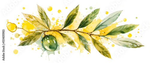 Watercolor illustration, vibrant leaves branch, artistic design, bright colors