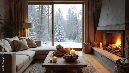 Cozy living room features snowy forest view. Interior showcases comfort, relaxation. Fireplace, candles create warm atmosphere. Winter scene home decor.