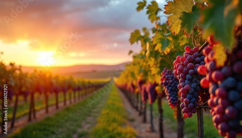 Panoramic sunset view vineyard. Ripe grapes on vines at golden hour. Rows of grapevines lead to horizon. Warm colors, scenic landscape. Agriculture, farming, wine production concept.
