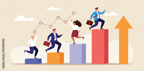 Business Success Concept. Vector cartoon illustration of a group of diverse people in business suits running up a rising graph. Isolated on background