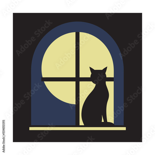 Lonely cat in moonlight window silhouette