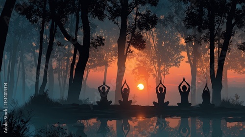 Silhouettes of people meditating in a misty forest at sunrise