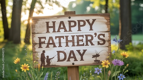A happy father's day sign surrounded by colorful flowers in a nature setting