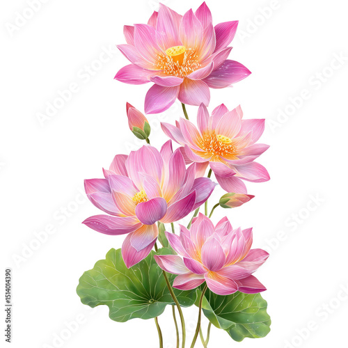 Exquisite illustration of pink lotus flowers blooming against a striking black background