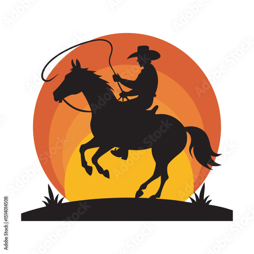 Cowboy Lassoing Horse Sunset Silhouette