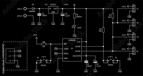 Schematic diagram of electronic device.
Vector drawing electrical circuit with 
controller, integrated circuit, button, 
resistor, capacitor, led indicator, voltage converter, diode  on paper sheet.
