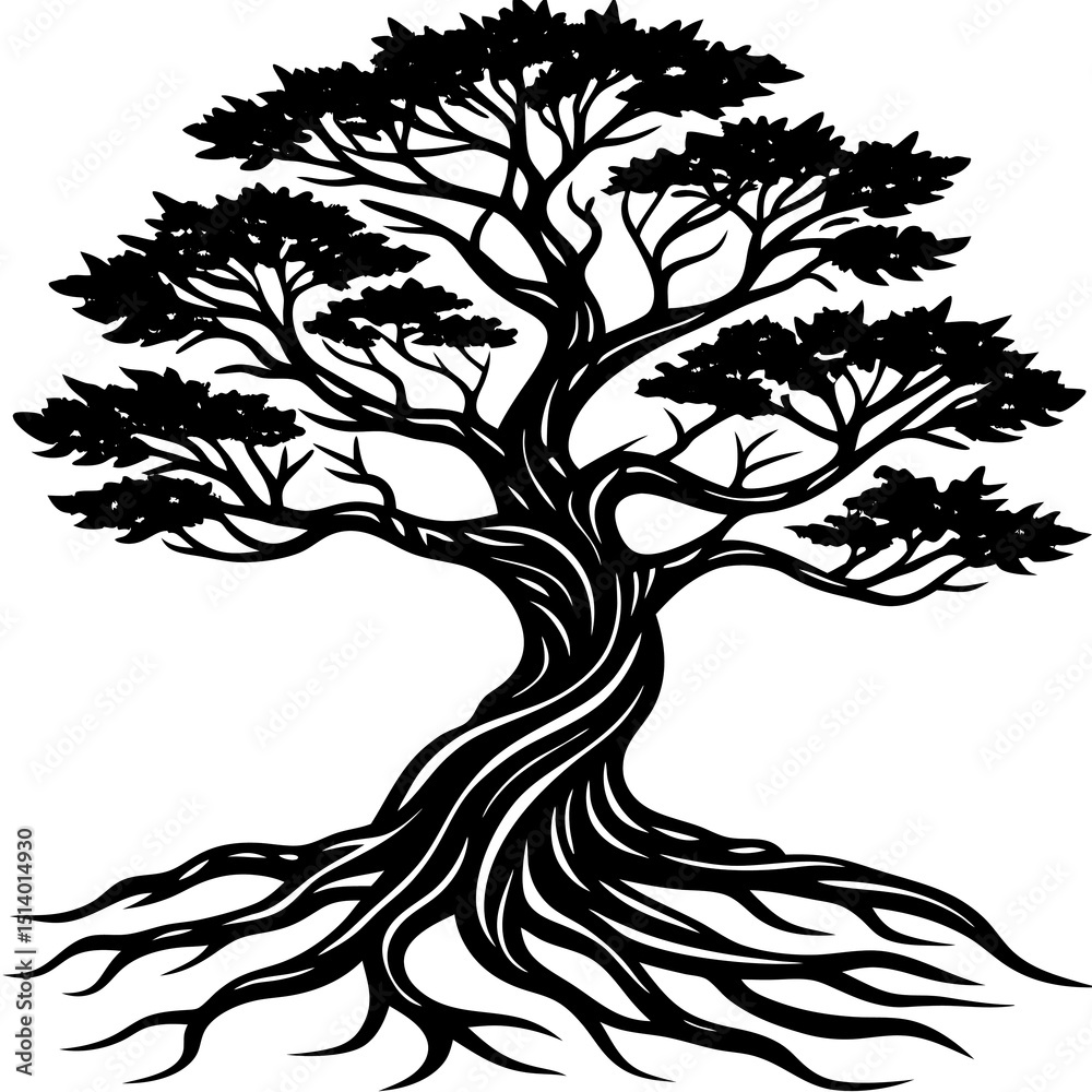 Obraz premium Black and White Tree with Roots: Nature's Strength Silhouette