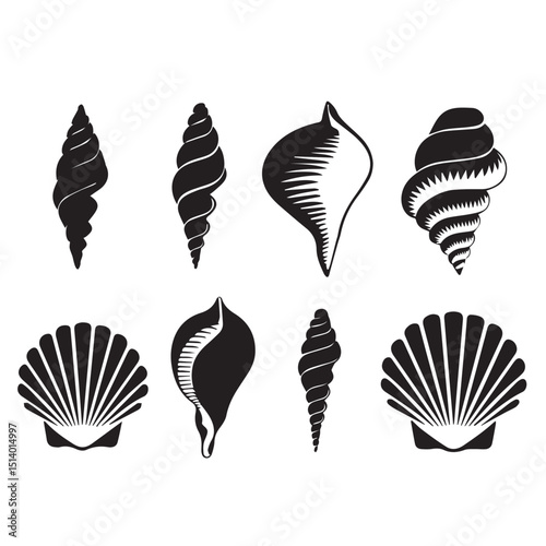 A vector set of black and white shell icons showcases a seamless nature pattern with seashell silhouettes
