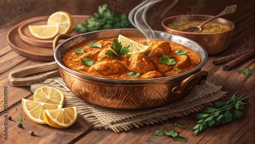 Savoring butter chicken in a copper bowl rustic wooden table setting culinary delight traditional indian cuisine close-up view rich and flavorful experience