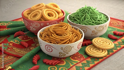 Celebrating festivities with savory dry snacks in ceramic bowls bhujia sev and murukku delight in a festive ambiance