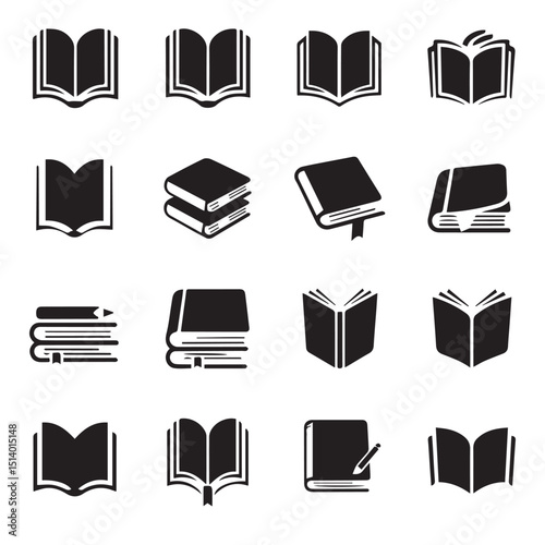 Books vector icon set, a black symbol for education and library design