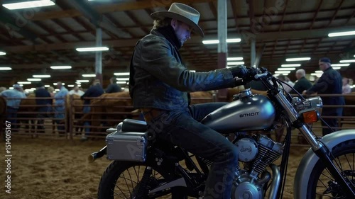Rancher wearing a cowboy hat and leather jacket uses a laptop mounted on his motorcycle during a livestock auction in a large barn with cattle and other ranchers
