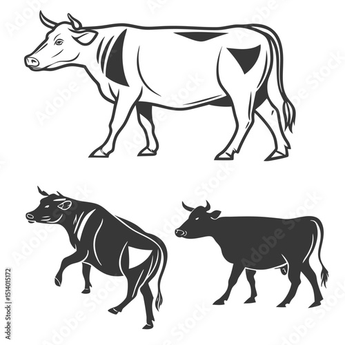 Cow and Bull Vector Illustration Set in Black and White Style