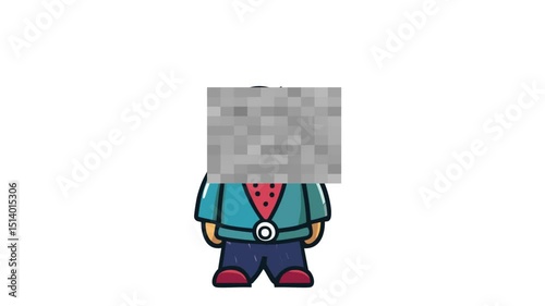 A closeup of a man with a pixelated, censored head on a white background.