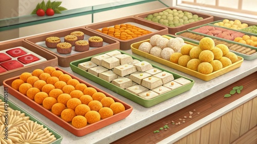 Colorful indian sweet shop display featuring ladoo barfi and soan papdi in a vibrant market setting captured from a local perspective