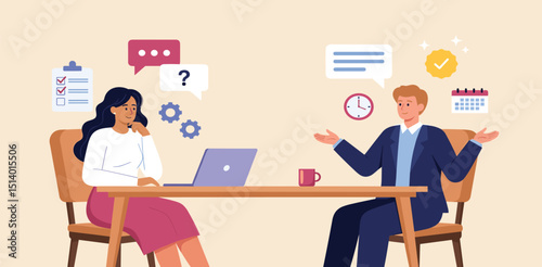 Business Job Interview concept. Vector cartoon illustration of a young woman asking questions and a man in a suit answering them while sitting at a table.