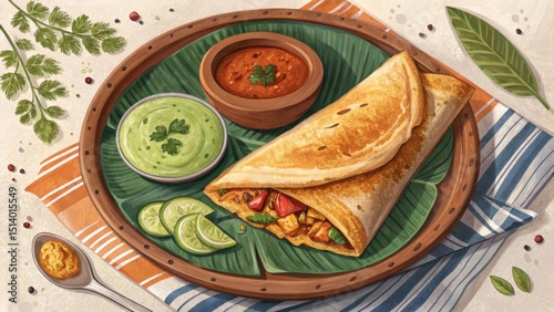 Delicious masala dosa served with coconut chutney and sambar overhead in a vibrant indian restaurant