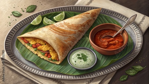 Delightful masala dosa folded and served with coconut chutney and sambar traditional indian cuisine overhead view in a vibrant dining environment