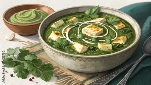 Indulging in creamy palak paneer a culinary experience in a rustic indian kitchen with a deep bowl garnished to perfection