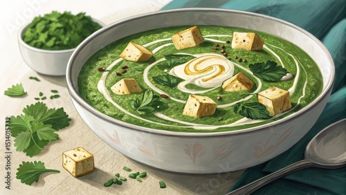 Indulging in palak paneer a culinary delight served in a deep bowl with cream swirl at an authentic indian restaurant a visual feast of flavors and textures