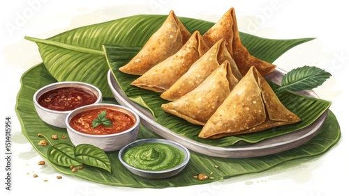Artful presentation of samosas arranged in a pyramid on a banana leaf with green chutney and tamarind sauce in a festive setting