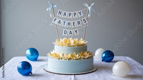 A two tier cake decorated with flowers and happy father's day banner with balloons