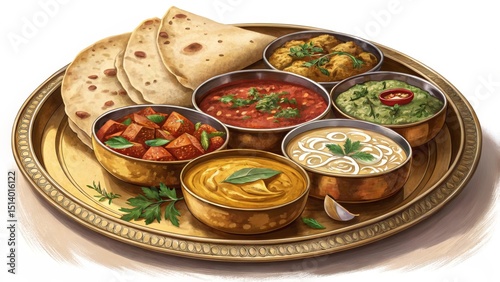 Savor the authentic flavors of a traditional indian thali on a brass plate with colorful curries and breads in a cozy restaurant setting