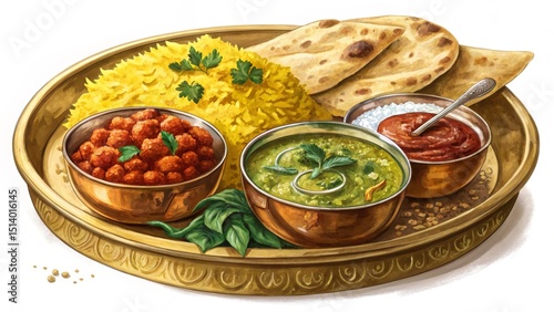 Savoring the essence of traditional indian thali a colorful culinary experience served on a brass plate in an authentic indian eatery