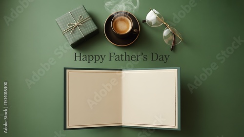 Father's day scene with gift, coffee, glasses, and open card on a green surface