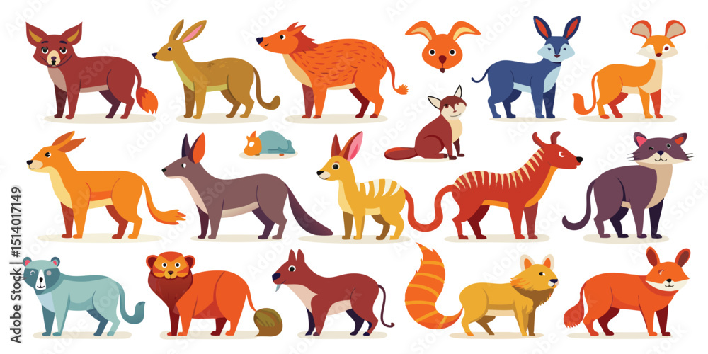 Obraz premium Magical Animal World Clipart Collection, 2D Animal Icons for Digital Planners, Kawaii-Style Jungle Animal Graphics, Exotic Flat Animal Illustrations, Cheerful Critter Family Vector Pack, Happy Forest