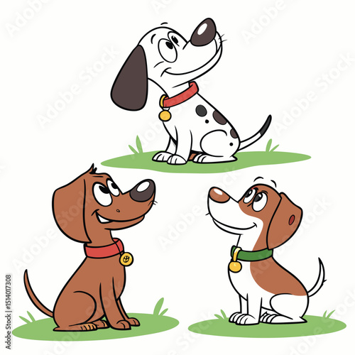 Three Cartoon Dogs Sitting on Grass Looking Upward with Hopeful Expressions