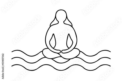 Woman meditating on calm water waves minimalist line art