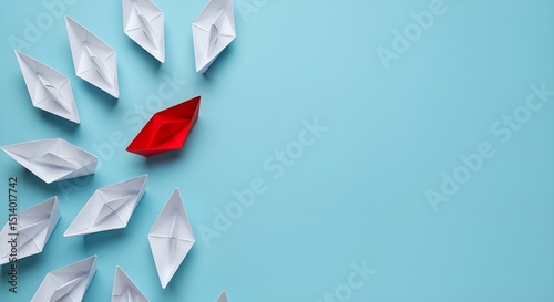 Grupo de barcos de papel blanco en una dirección y un barco de papel rojo apuntando en dirección opuesta sobre fondo azul. Negocio para un concepto de solución innovadora.
