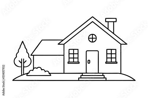 Simple line drawing suburban house with tree and shrubbery