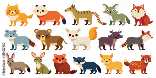 Quirky Animal Friends Clipart Pack, Stylized Wild Animals in Fun Colors, Charming Animal Companions Vector Set, Baby Safari Creatures with Big Eyes, Flat Animal Mascots for Kids Books, Pastel Colored 