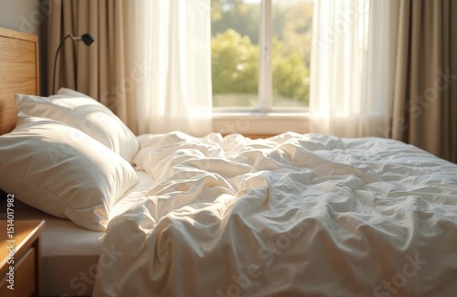 Morning scene bed with messy, rumpled white bedclothes. Soft pillows, sunlight from window. Comfortable, relaxing room interior, fresh start day after sleep, rest, vacation mood.