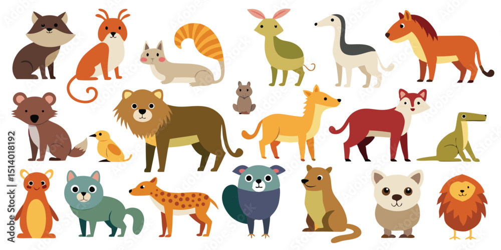 Fototapeta premium Hand-Drawn Cute Mammals and Critters, Minimal Animal Characters for Printing, Quirky Animal Friends Clipart Pack, Stylized Wild Animals in Fun Colors, Charming Animal Companions Vector Set