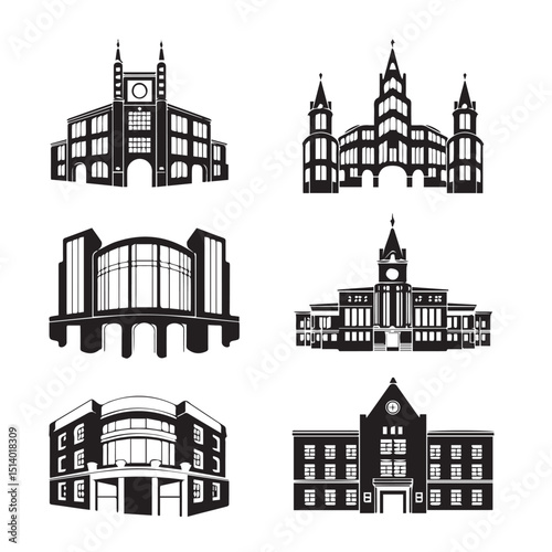 Vector illustration set features city architecture icons including house, church, tower, and European landmarks like Parisian silhouettes