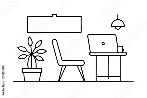 Modern minimalist home office workspace design with laptop chair plant