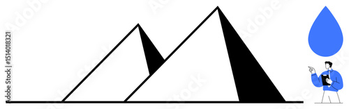 Minimalist pyramids paired with a person holding a folder, observing a giant blue raindrop. Ideal for progress, discovery, measurement, geometry, environment, innovation imagination. Flat simple