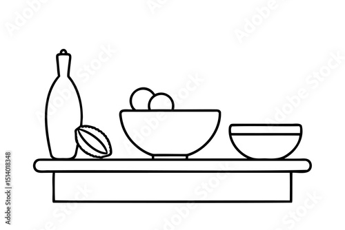 Simple line drawing kitchen shelf still life with bowls and bottle