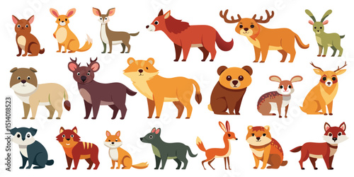 Whimsical Forest Animal Clipart Set, Cute Cartoon Wildlife Illustration Pack, Adorable Woodland Creatures in Flat Style, Fantasy Jungle Animals Graphic Bundle, Colorful Forest Beasts for Kids Projects