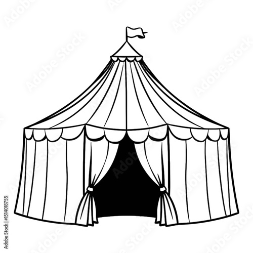 A classic circus tent with a pointed top and open, draped entrance features intricate line work, highlighting its whimsical design