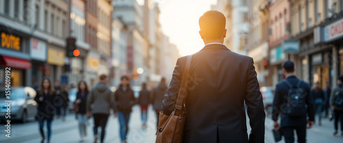 wide horizontal backward photo of businessman hanging a bag and walking through an urban city buildings in a crowded street with copy space 