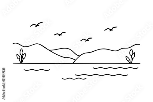Serene lakeside mountain landscape minimalist line art illustration