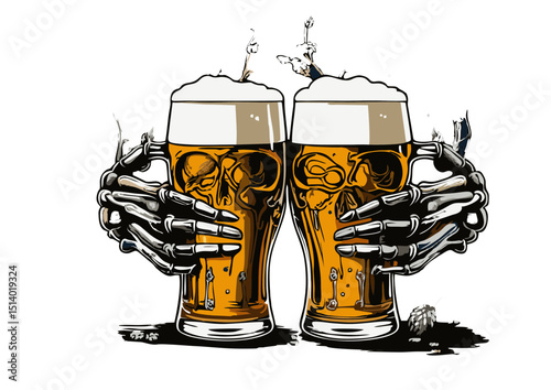 Skeletal Hands Toasting with Beer A Spooky and Festive Illustration of Two Beer Glasses