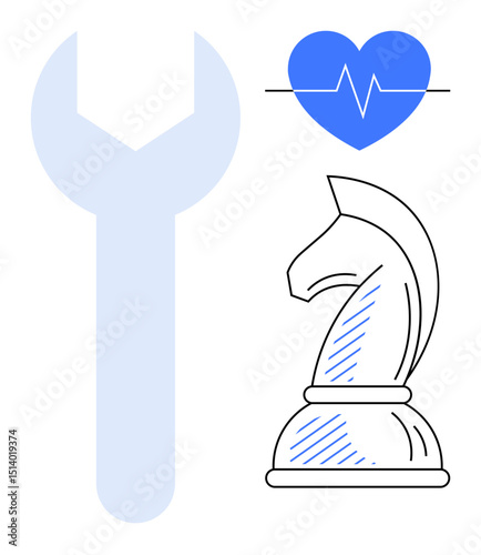 Large wrench, blue heart with pulse line, and chess knight emphasize repair, wellness, and strategy. Ideal for health innovation, strategy, problem-solving, balance wellness precision leadership